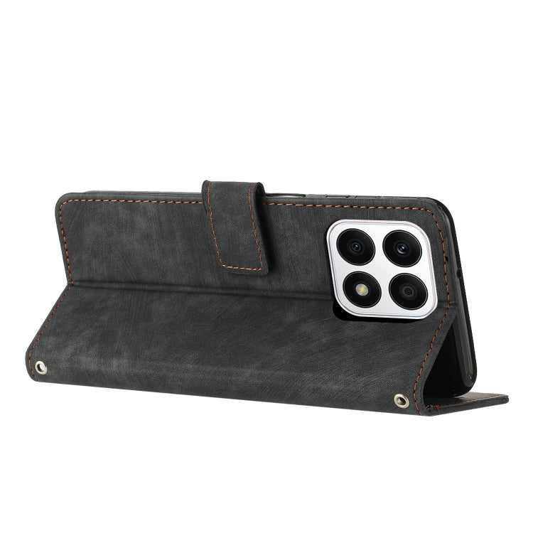 For Honor X8a 4G Global Skin Feel Stripe Pattern Leather Phone Case with Lanyard