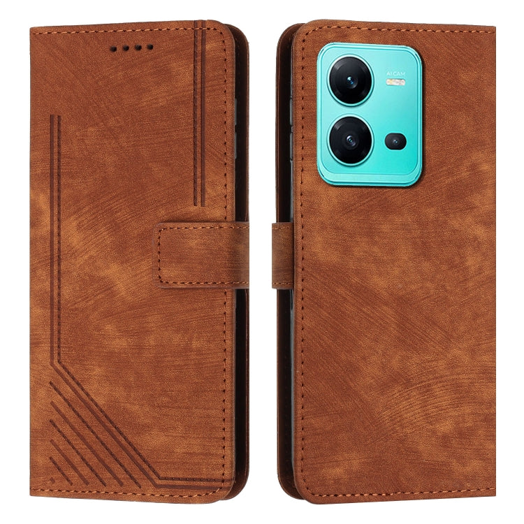 For vivo V25 / V25e / X80 Lite Skin Feel Stripe Pattern Leather Phone Case with Lanyard