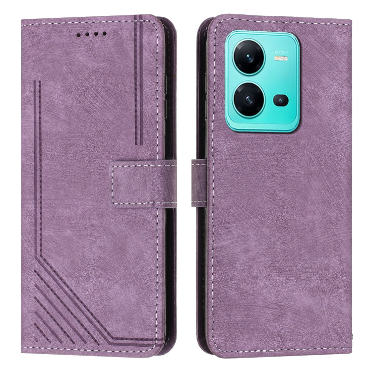 For vivo V25 / V25e / X80 Lite Skin Feel Stripe Pattern Leather Phone Case with Lanyard