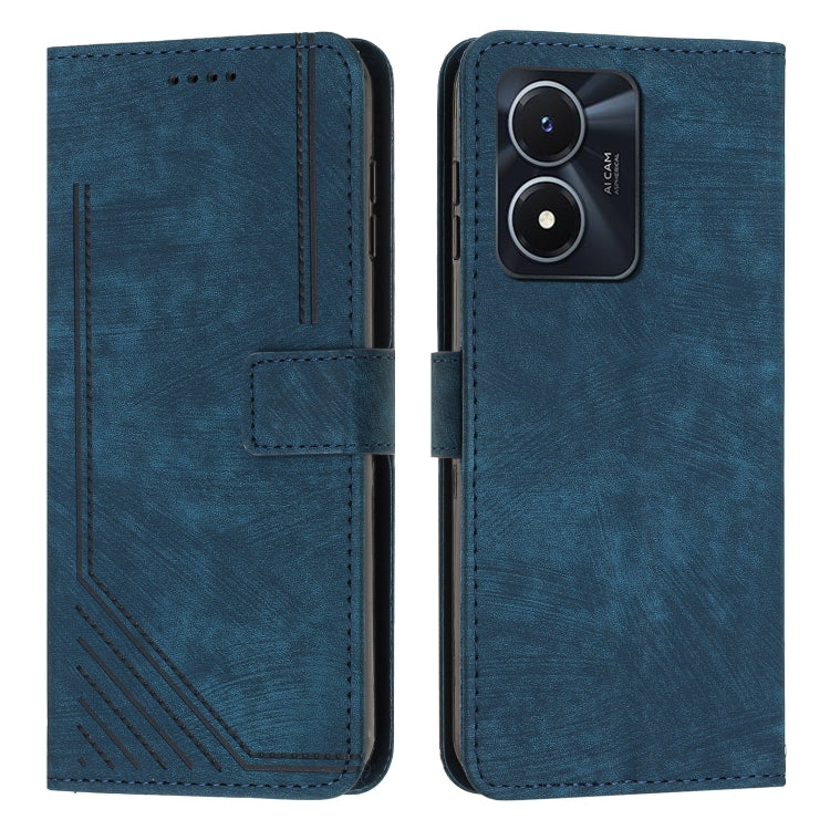 For vivo Y16 / Y02s Skin Feel Stripe Pattern Leather Phone Case with Lanyard