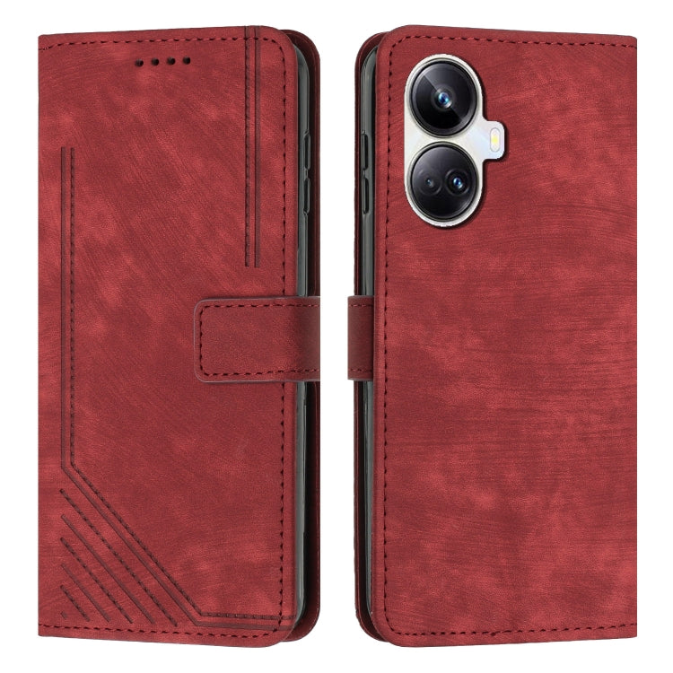 For Realme 10 Pro+ 5G Skin Feel Stripe Pattern Leather Phone Case with Lanyard