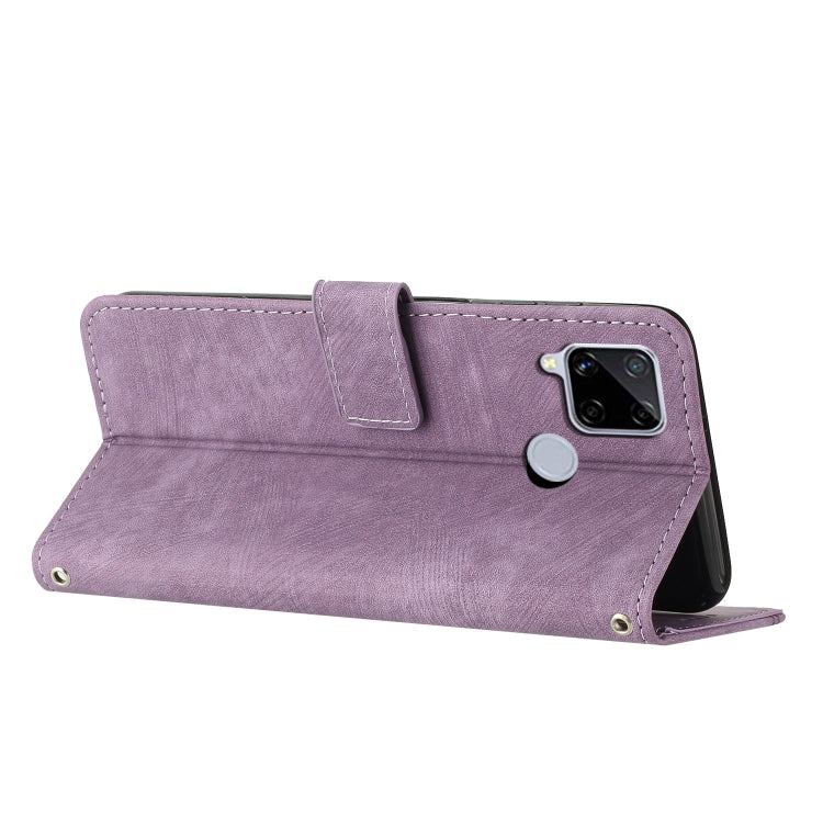 Skin Feel Stripe Pattern Leather Phone Case with Lanyard for Realme C12 / C15 / C25 / C25s / 7i Global / Narzo 20 / Narzo 30A