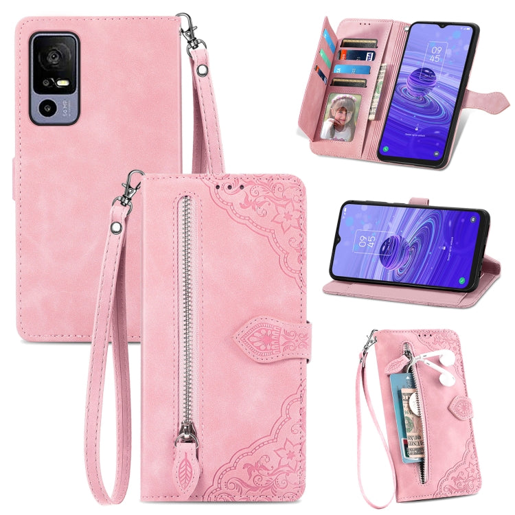 For TCL 40R Embossed Flower Zipper Leather Phone Case