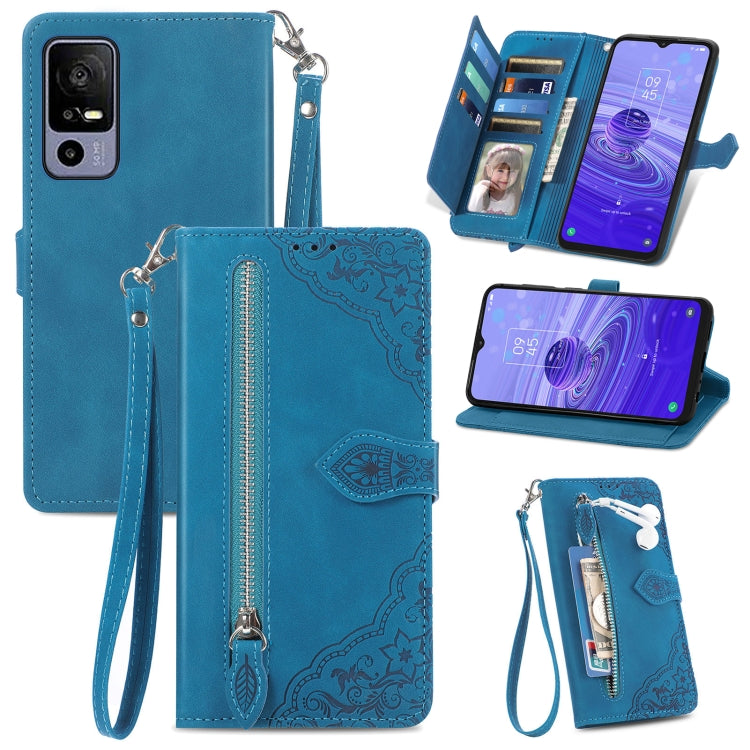 For TCL 40R Embossed Flower Zipper Leather Phone Case