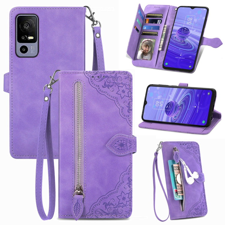 For TCL 40R Embossed Flower Zipper Leather Phone Case