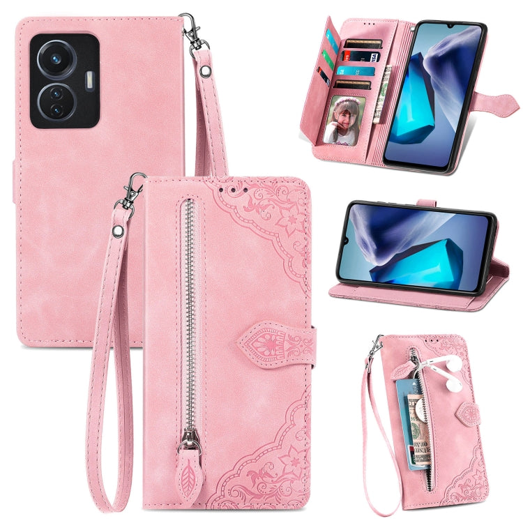 For vivo T1 Embossed Flower Zipper Leather Phone Case