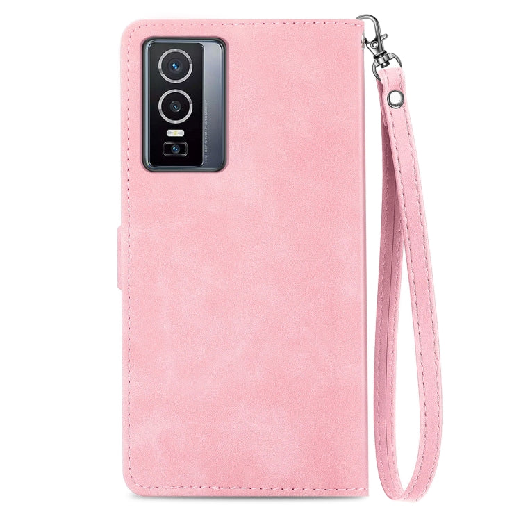 For vivo Y76 5G Embossed Flower Zipper Leather Phone Case