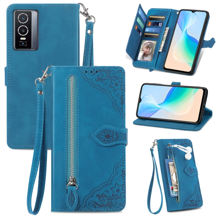 For vivo Y76 5G Embossed Flower Zipper Leather Phone Case