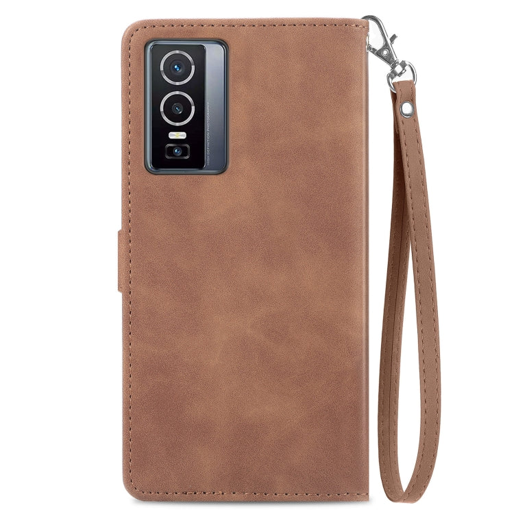 For vivo Y76 5G Embossed Flower Zipper Leather Phone Case