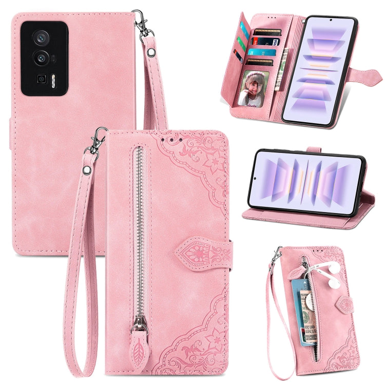 For Xiaomi Redmi K60 Pro Embossed Flower Zipper Leather Phone Case