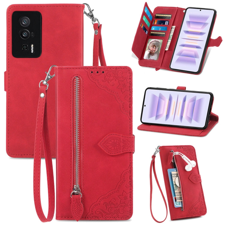 For Xiaomi Redmi K60 Pro Embossed Flower Zipper Leather Phone Case