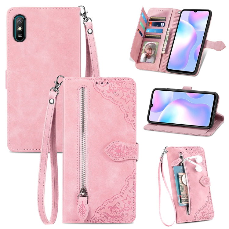 For Xiaomi Redmi 9A Embossed Flower Zipper Leather Phone Case