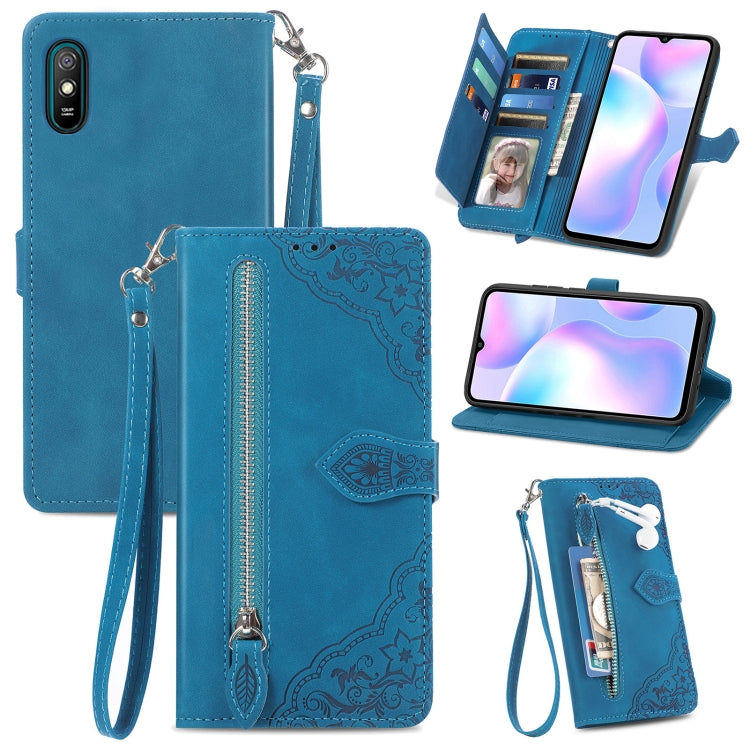 For Xiaomi Redmi 9A Embossed Flower Zipper Leather Phone Case