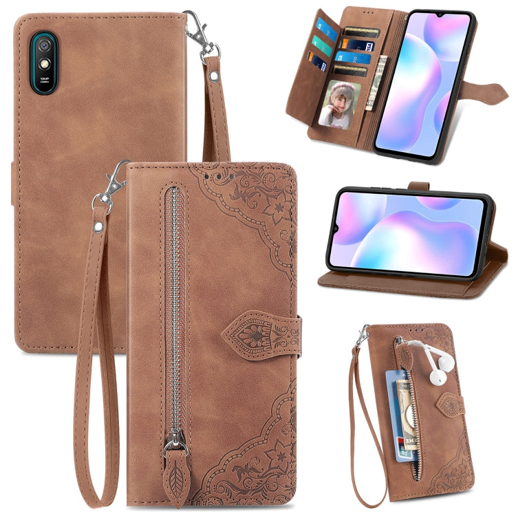 For Xiaomi Redmi 9A Embossed Flower Zipper Leather Phone Case