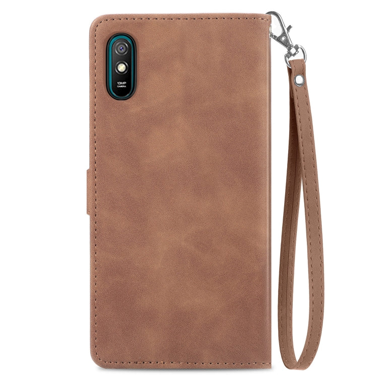 For Xiaomi Redmi 9A Embossed Flower Zipper Leather Phone Case