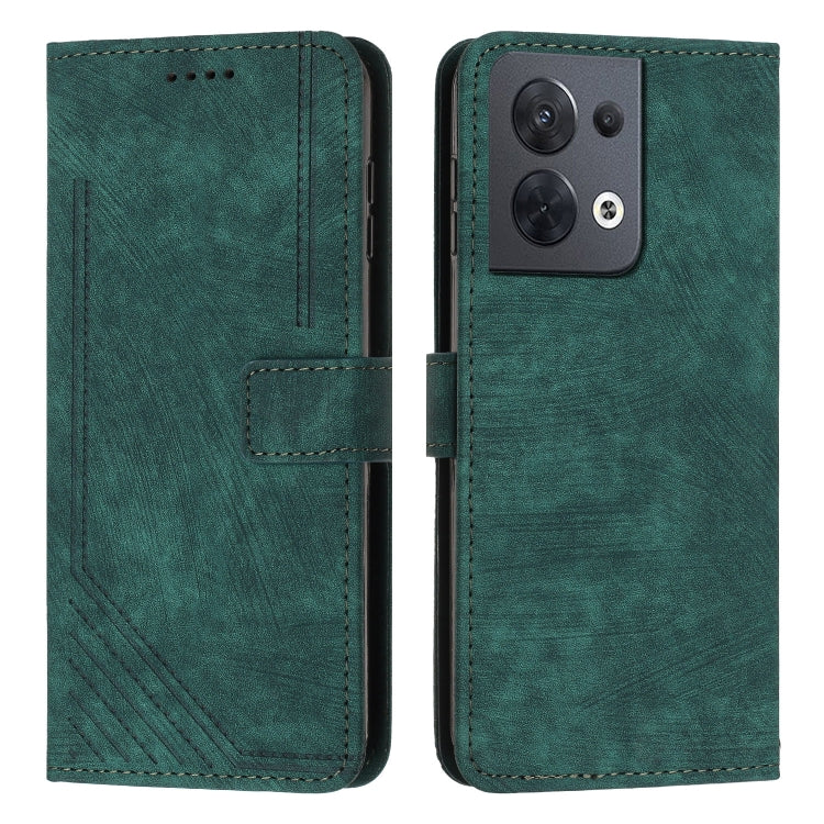 For OPPO Reno8 5G Skin Feel Stripe Pattern Leather Phone Case with Lanyard