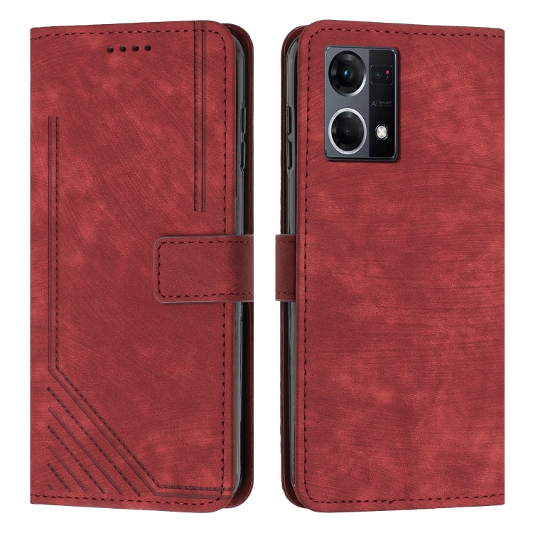 For OPPO Reno7 4G Global / F21 Pro 4G Skin Feel Stripe Pattern Leather Phone Case with Lanyard