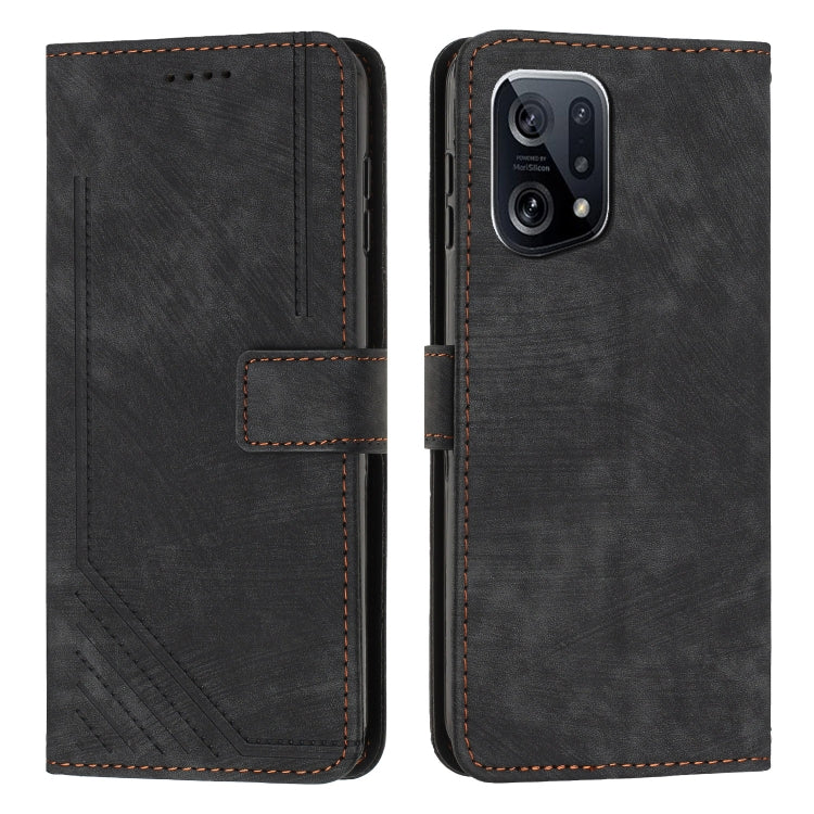 For OPPO Find X5 Skin Feel Stripe Pattern Leather Phone Case with Lanyard