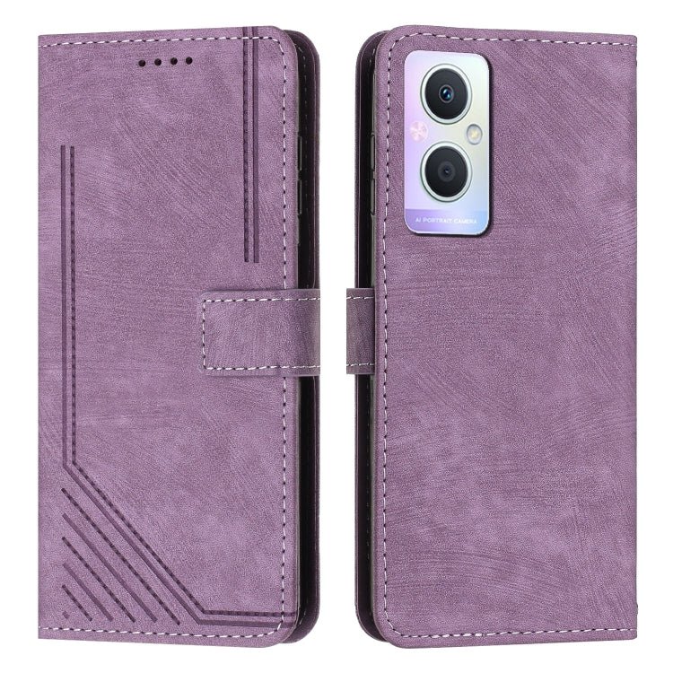 Skin Feel Stripe Pattern Leather Phone Case with Lanyard for OPPO F21 Pro 5G/F21s Pro 5G/Reno7 Z/Reno7 Lite/Reno8 Lite/Reno8 Z 5G/OnePlus Nord N20 5G Global