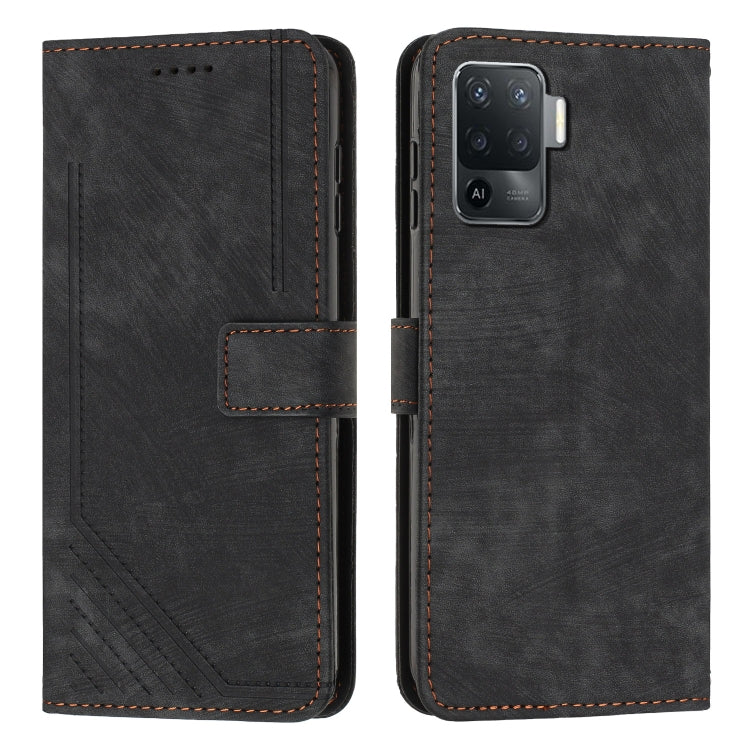 Skin Feel Stripe Pattern Leather Phone Case with Lanyard for OPPO A94 4G / F19 Pro / F19 Pro+ / A94 5G / A95 5G / Reno5 Z / Reno6 Z 5G / Reno5 F / Reno5 Lite