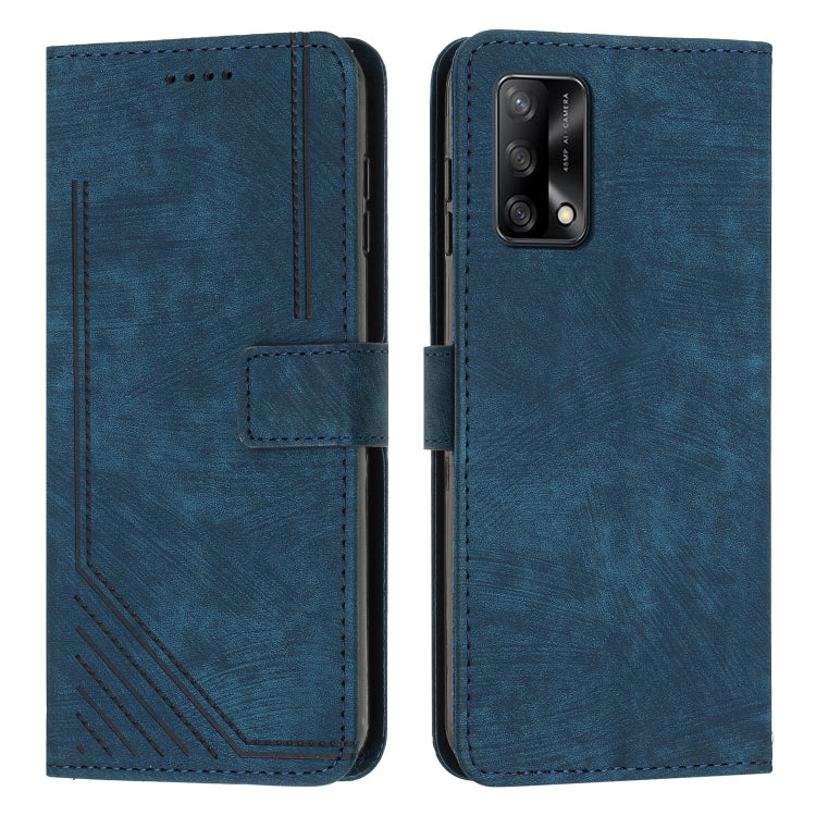 For OPPO A74 4G / F19 / F19s / A95 4G Skin Feel Stripe Pattern Leather Phone Case with Lanyard