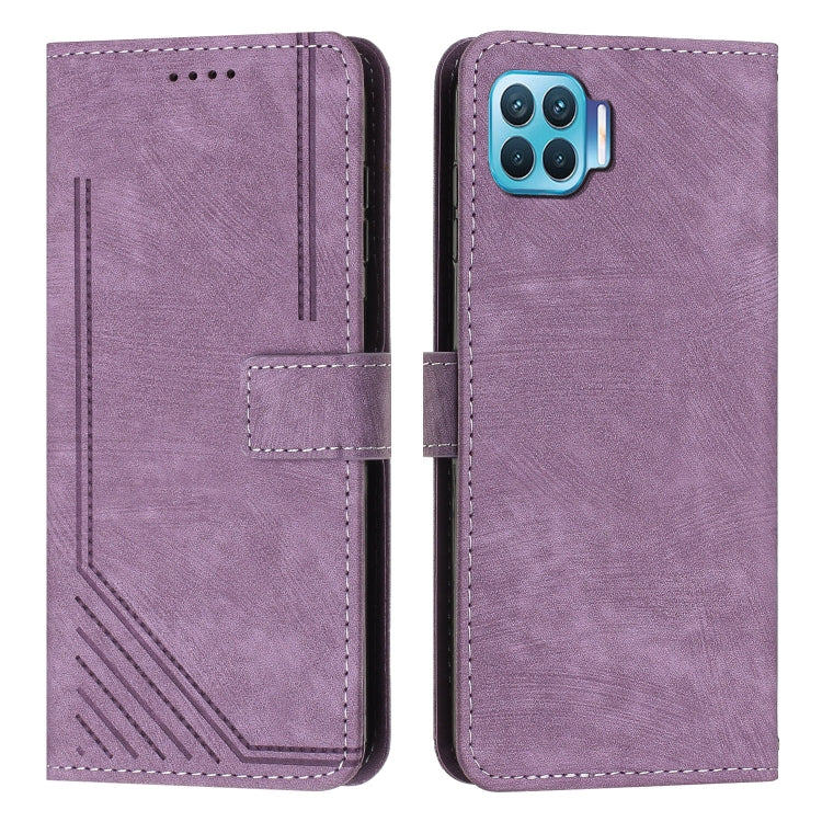 For OPPO A73 2020 / F17 Skin Feel Stripe Pattern Leather Phone Case with Lanyard