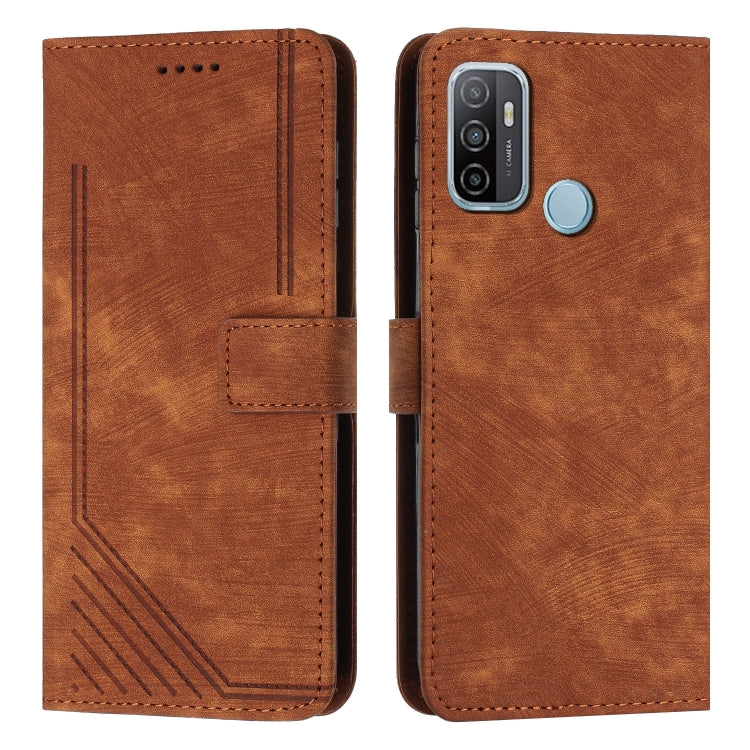 Skin Feel Stripe Pattern Leather Phone Case with Lanyard for OPPO A53 2020 / A53s 4G / A32 2020 4G / A33 2020 4G