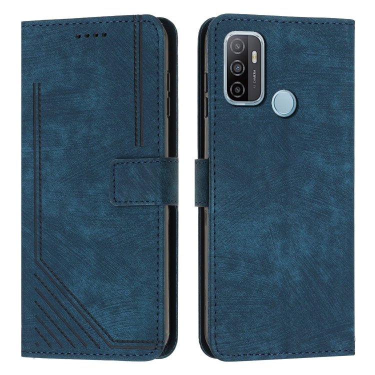 Skin Feel Stripe Pattern Leather Phone Case with Lanyard for OPPO A53 2020 / A53s 4G / A32 2020 4G / A33 2020 4G