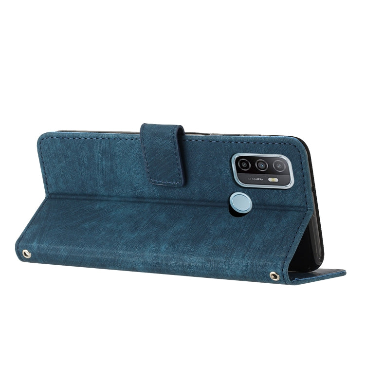 Skin Feel Stripe Pattern Leather Phone Case with Lanyard for OPPO A53 2020 / A53s 4G / A32 2020 4G / A33 2020 4G