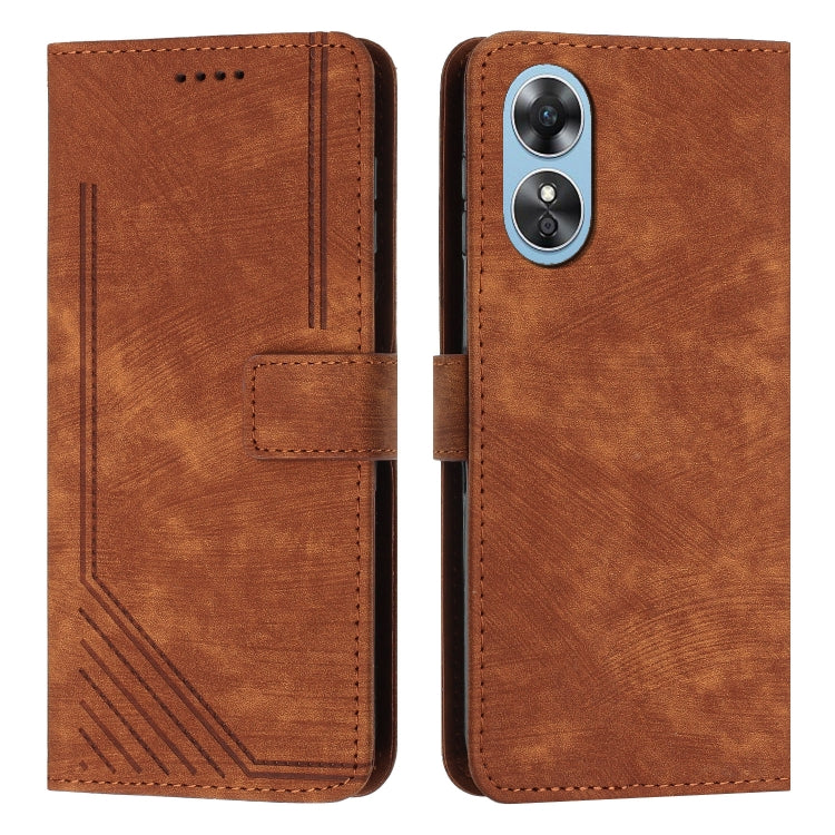 For OPPO A17 4G / A17k Global Skin Feel Stripe Pattern Leather Phone Case with Lanyard