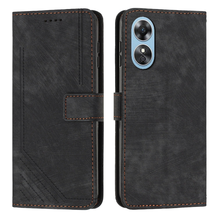 For OPPO A17 4G / A17k Global Skin Feel Stripe Pattern Leather Phone Case with Lanyard
