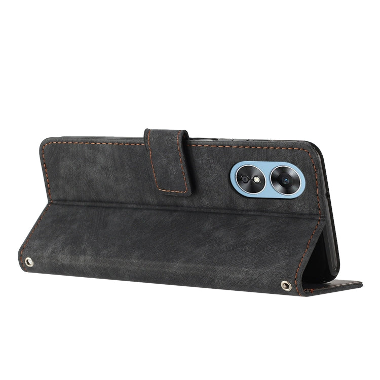 For OPPO A17 4G / A17k Global Skin Feel Stripe Pattern Leather Phone Case with Lanyard