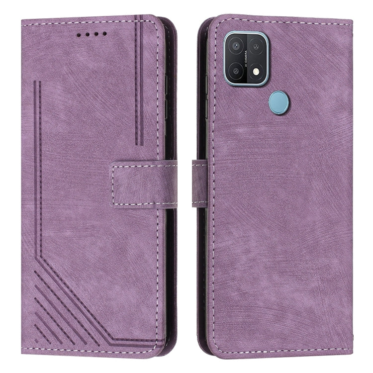 For OPPO A15 / A15s / A35 Skin Feel Stripe Pattern Leather Phone Case with Lanyard