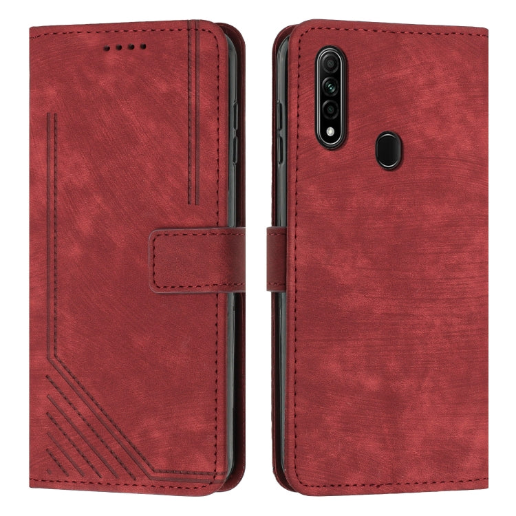 For OPPO A8 / A31 Skin Feel Stripe Pattern Leather Phone Case with Lanyard