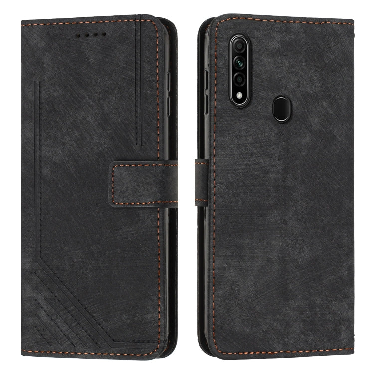 For OPPO A8 / A31 Skin Feel Stripe Pattern Leather Phone Case with Lanyard