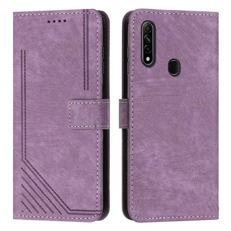 For OPPO A8 / A31 Skin Feel Stripe Pattern Leather Phone Case with Lanyard