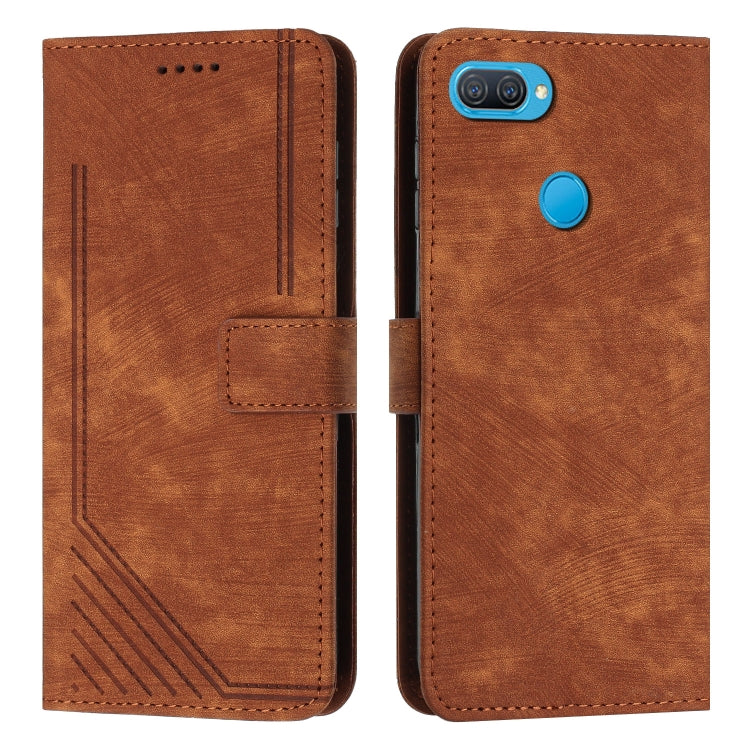 For OPPO A7 / A5s / A12 Skin Feel Stripe Pattern Leather Phone Case with Lanyard