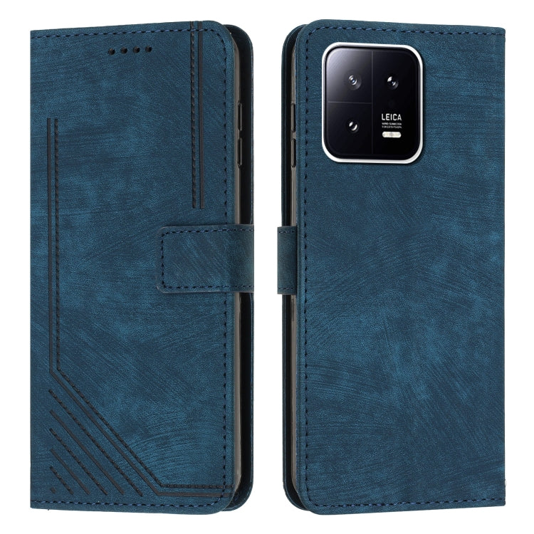 For Xiaomi 13 Skin Feel Stripe Pattern Leather Phone Case with Lanyard