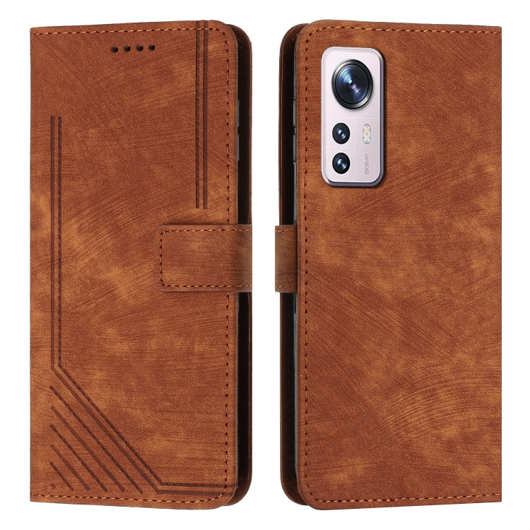 For Xiaomi 12 Lite Skin Feel Stripe Pattern Leather Phone Case with Lanyard