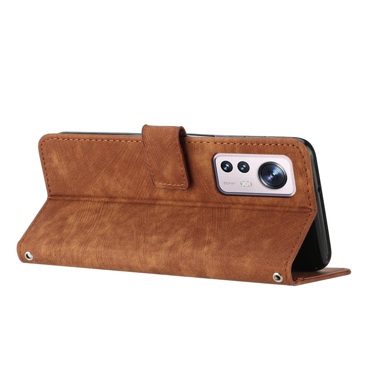 For Xiaomi 12 Lite Skin Feel Stripe Pattern Leather Phone Case with Lanyard