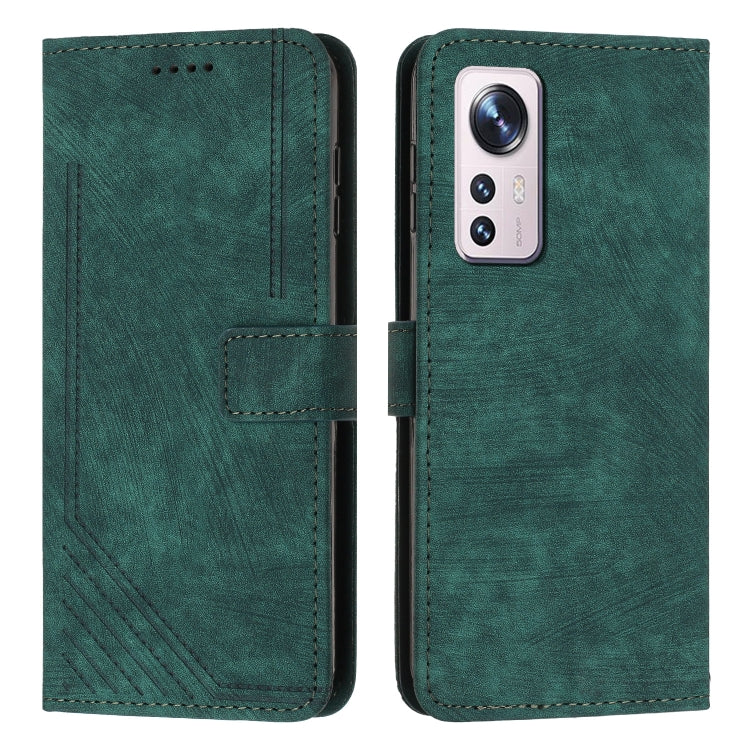 For Xiaomi 12 Lite Skin Feel Stripe Pattern Leather Phone Case with Lanyard