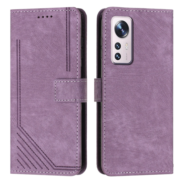 For Xiaomi 12 Lite Skin Feel Stripe Pattern Leather Phone Case with Lanyard