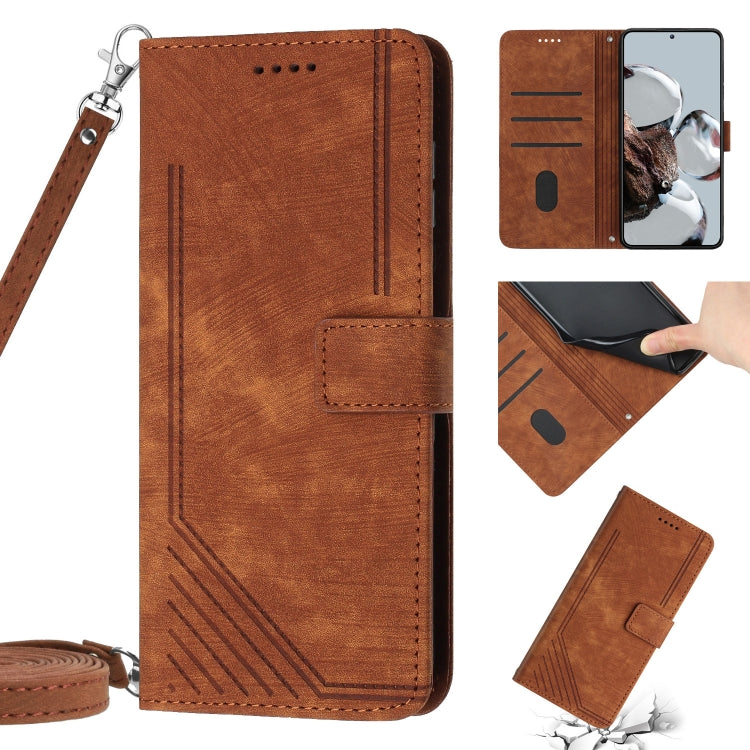 For Xiaomi 11T / 11T Pro Skin Feel Stripe Pattern Leather Phone Case with Lanyard