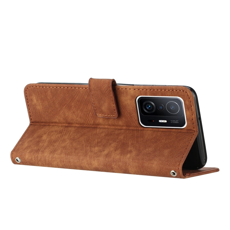 For Xiaomi 11T / 11T Pro Skin Feel Stripe Pattern Leather Phone Case with Lanyard