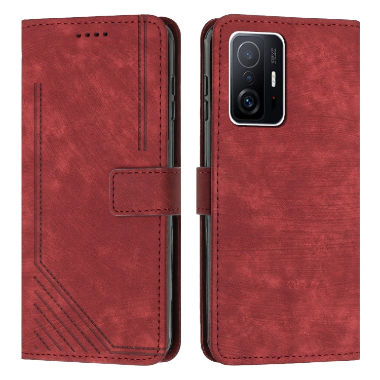For Xiaomi 11T / 11T Pro Skin Feel Stripe Pattern Leather Phone Case with Lanyard