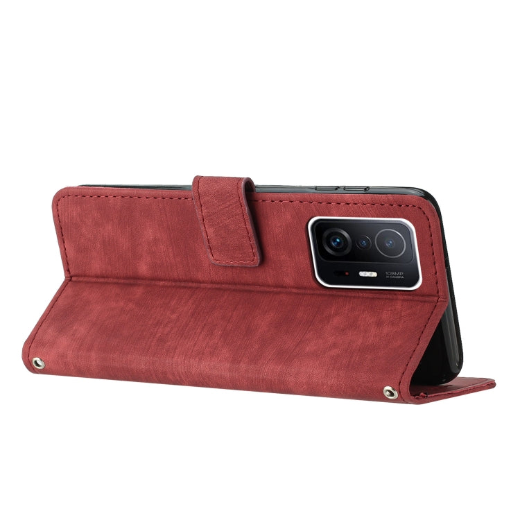 For Xiaomi 11T / 11T Pro Skin Feel Stripe Pattern Leather Phone Case with Lanyard