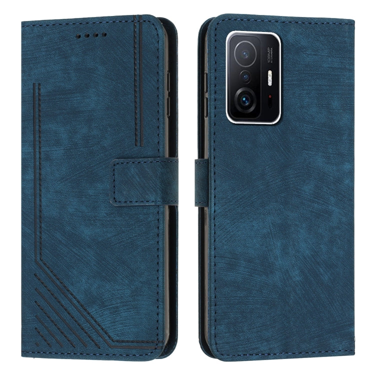 For Xiaomi 11T / 11T Pro Skin Feel Stripe Pattern Leather Phone Case with Lanyard