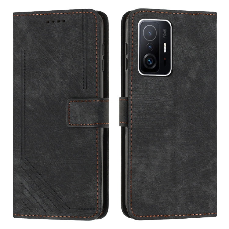 For Xiaomi 11T / 11T Pro Skin Feel Stripe Pattern Leather Phone Case with Lanyard