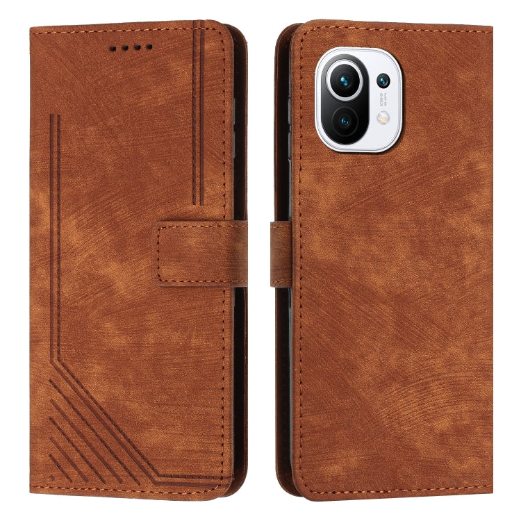 For Xiaomi Mi 11 Lite / Mi 11 Lite 5G NE Skin Feel Stripe Pattern Leather Phone Case with Lanyard