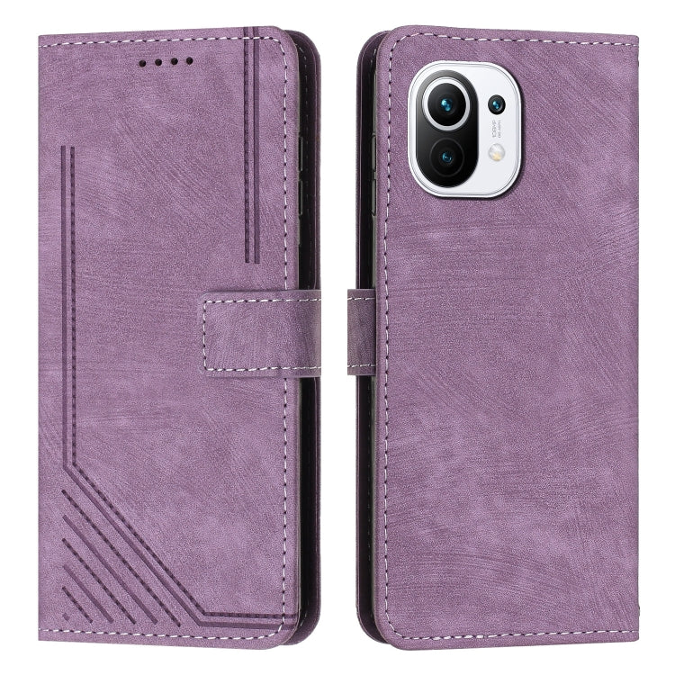 For Xiaomi Mi 11 Lite / Mi 11 Lite 5G NE Skin Feel Stripe Pattern Leather Phone Case with Lanyard